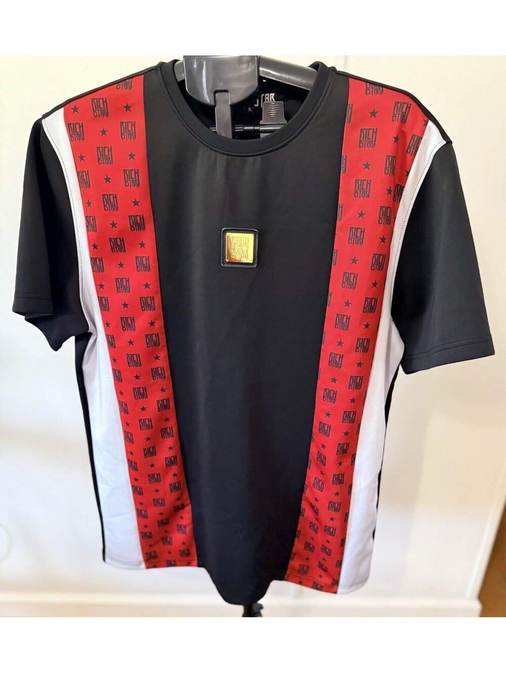 Rich Star Mens XL Shirt Street Style Short Sleeve Black Red Gold Bar Ft #147417